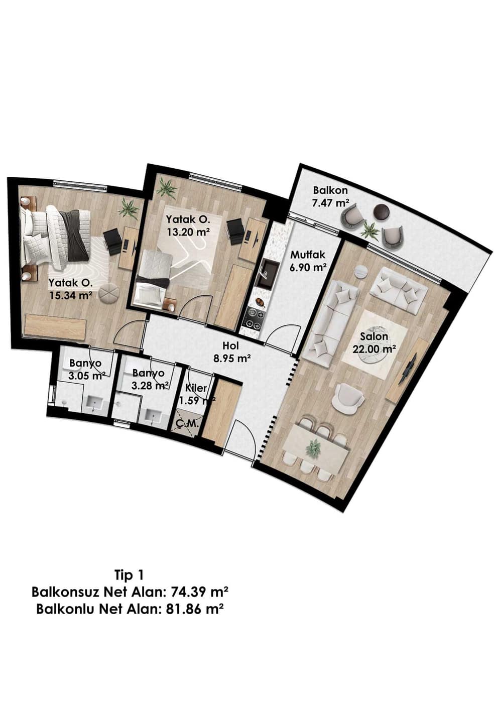 Azem Meydan 2+1 · 2+1 Tip 1 · 74,39 m² net / 81,86 m² balkon dâhil