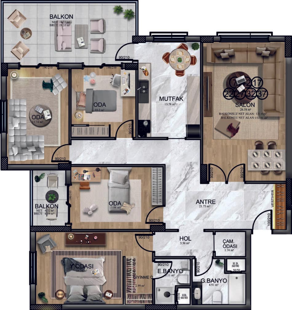 Bağlife Bulvar 4+1 · 4+1 Tip 1 · net 153,91 m²