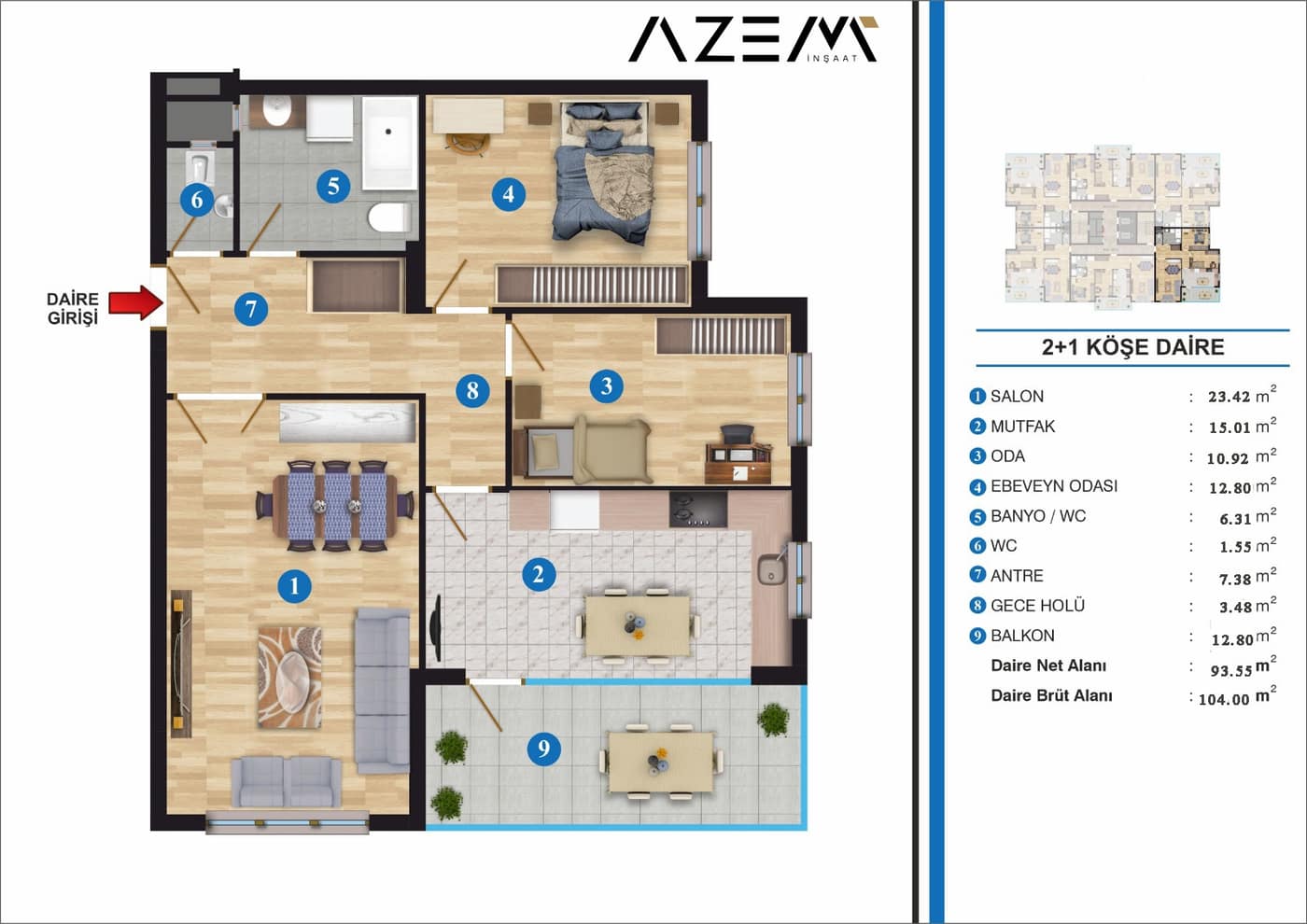 Eva Life 2+1 · 2+1 köşe daire planı