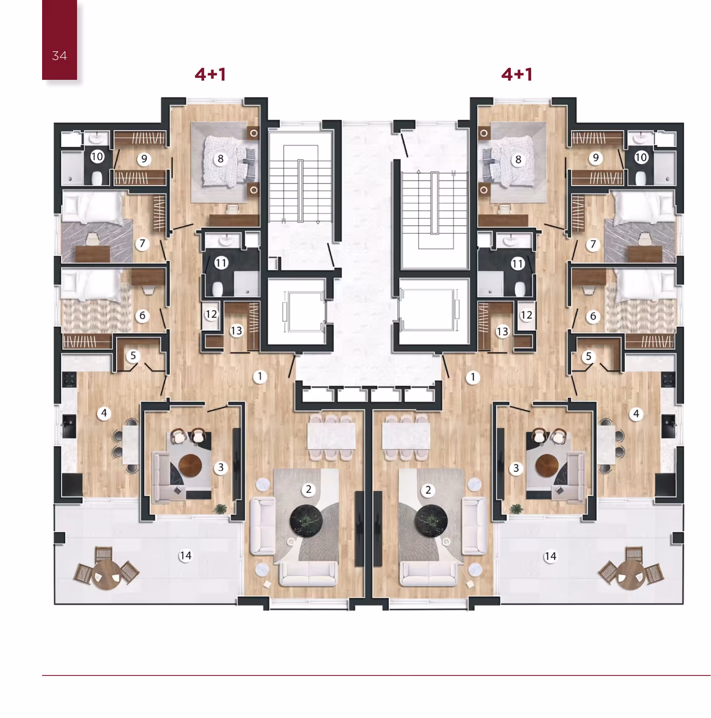 Öniz Yıldız 4+1 · 4+1 daire kat planı · 175,88 m² brüt