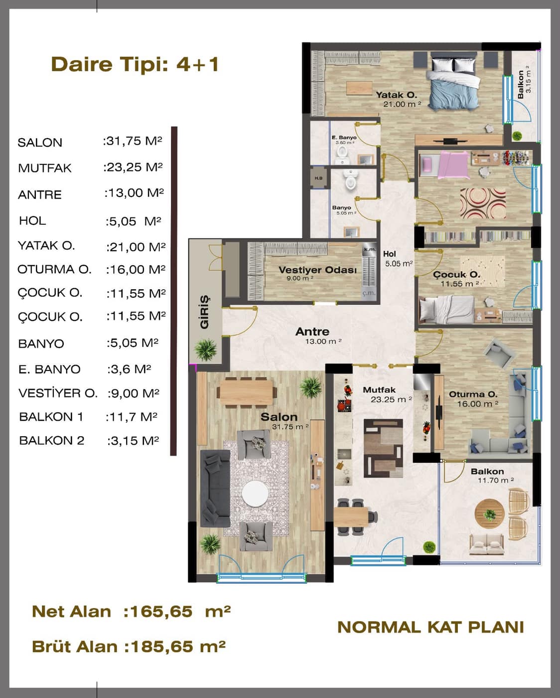 Tuna Park 4+1 · 4+1 daire planı · 185,65 m² brüt / 165,65 m² net