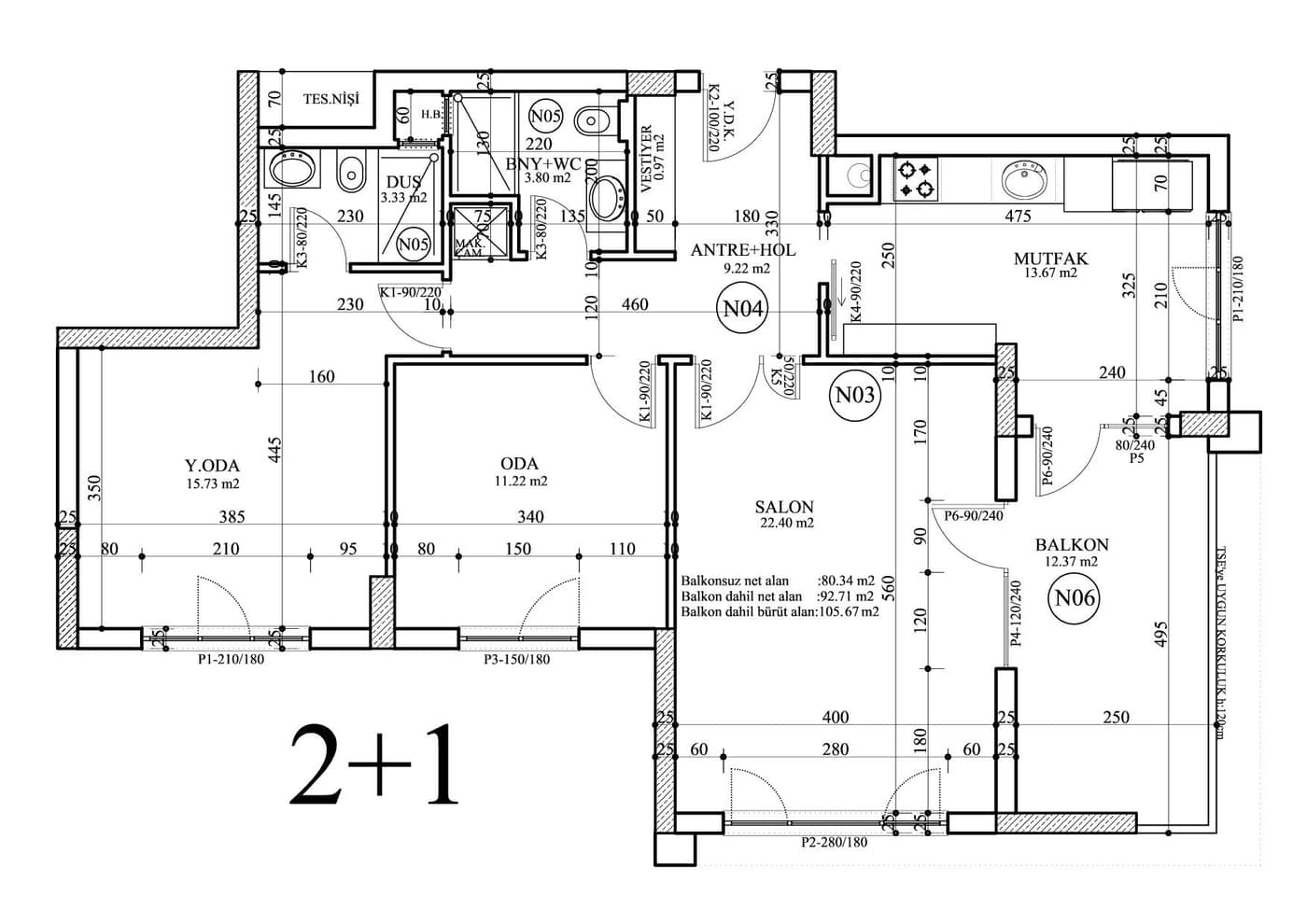Üçgen Yaşam Konutları 2 Törekent 2+1 · 2+1 daire planı · 105,67 m² brüt / 92,71 m² balkon dahil net