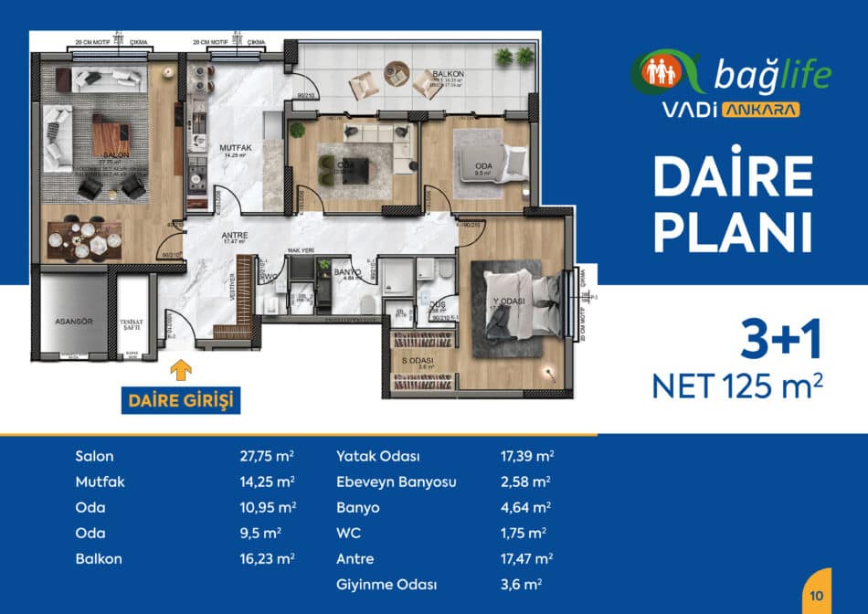 Vadi Ankara 3+1 · 3+1 daire planı · net 125 m²
